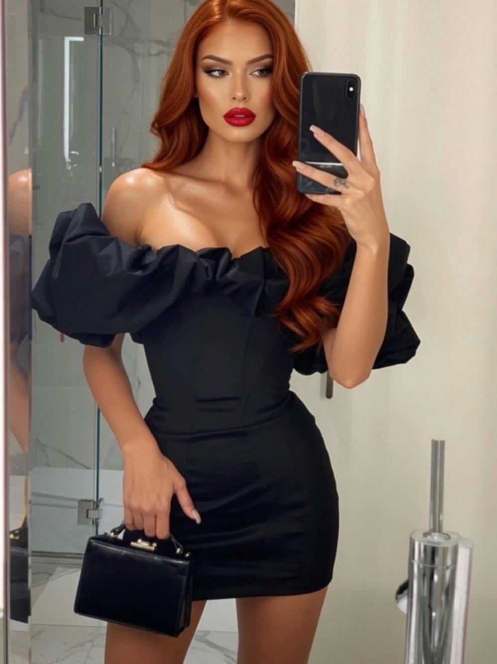 House of CB SELENA Black Satin Puff Shoulder Dress Small US4-6$299 - Picture 4 of 11